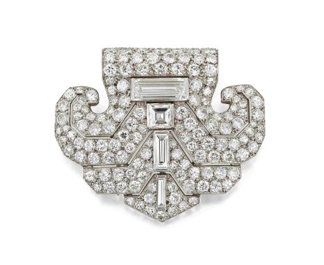 CARTIER: ART DECO DIAMOND CLIP, CIRCA 1930The stylised fountain motif of Persian inspiration, with pierced detail, pavé-set w