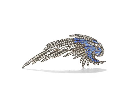 DIAMOND AND ENAMEL WING BROOCH, CIRCA 1900Realistically modelled as a single wing, the feathers set with old cushion-shaped a