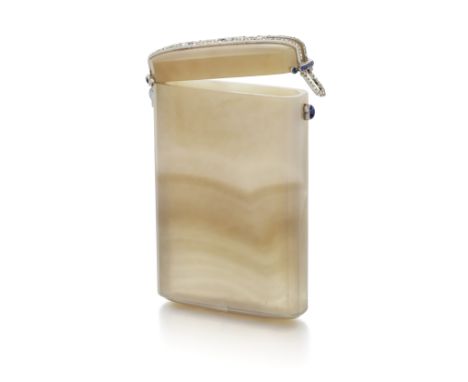 CARTIER: AGATE, DIAMOND AND SAPPHIRE CASE, CIRCA 1912Rectangular with rounded corners, formed from hollowed out agate, the co