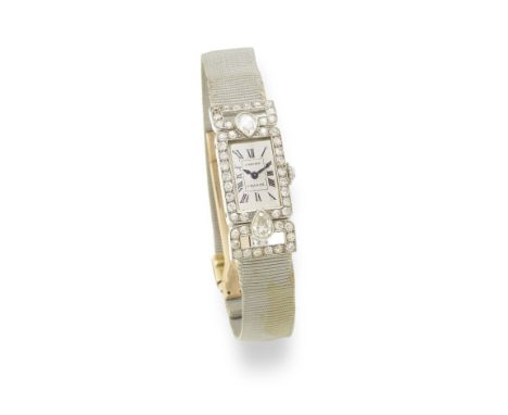 CARTIER: ART DECO DIAMOND-SET WRISTWATCH, CIRCA 1925The rectangular dial with Roman chapters, the bezel set with old single-c