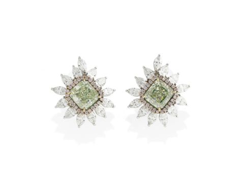 PAIR OF FANCY COLOURED DIAMOND AND DIAMOND EARRINGSEach set with a cushion-shaped Fancy Light Yellow-Green diamond, weighing 