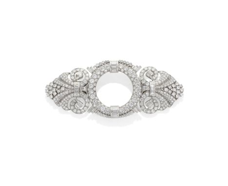 ILLARIO FOR BULGARI: DIAMOND BANGLE/TRIPLE-CLIP BROOCH, CIRCA 1935Of geometric and scroll design, set throughout with old bri