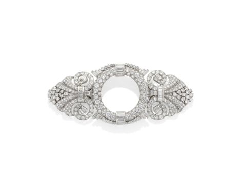 ILLARIO FOR BULGARI: DIAMOND BANGLE/TRIPLE-CLIP BROOCH, CIRCA 1935Of geometric and scroll design, set throughout with old bri