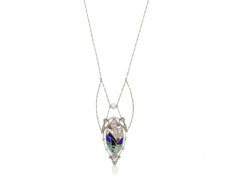 ATTRIBUTED TO ARCHIBALD KNOX FOR LIBERTY &amp; CO: ART NOUVEAU PEARL, DIAMOND AND OPAL MOSAIC PENDANT, CIRCA 1900The pendant 