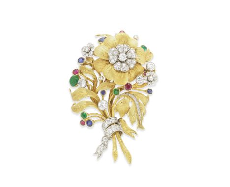 VAN CLEEF &amp; ARPELS: DIAMOND AND GEM-SET FLOWERSPRAY BROOCH, 1930SThe engraved and highly textured floral and foliate spra