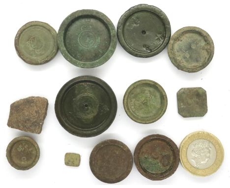 Industrial Age balance counters/tallies and scales, largest D: 30 mm. P&amp;P Group 0 (£5+VAT for the first lot and £1+VAT fo