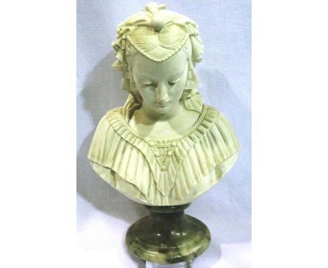 Alabaster Bust sculpture of a lady on a marble plinth by Arnaldo Giannelli signed, H: 25 cm. No cracks, chips or visible rest