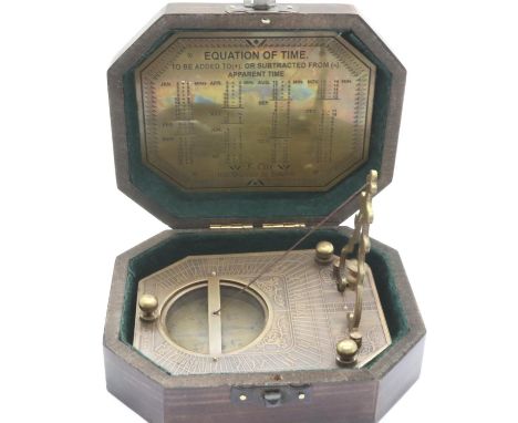 Boxed brass sundial compass, stamped Cox London. P&amp;P Group 1 (£14+VAT for the first lot and £1+VAT for subsequent lots) 