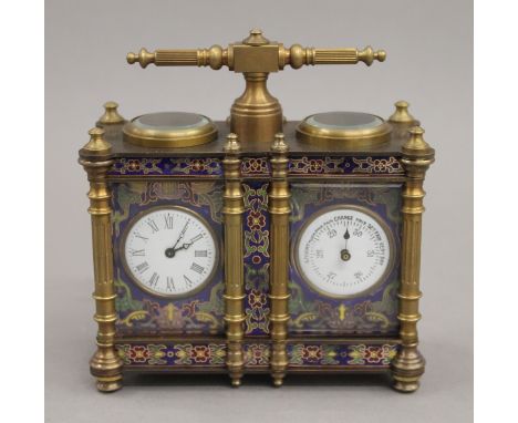 A double cloisonne carriage clock/barometer. 12.5 cm wide.