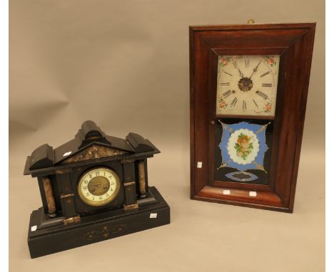 A 19th century mahogany wall clock and a Victorian black slate mantel clock. The latter 44 cm wide.