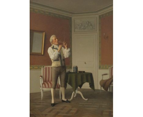 ADRIEN HARMAND (active 1880's) French, Lighting His Pipe, oil on panel, signed and dated 1887, framed. 23 x 32.5 cm.