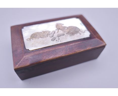 A Japanese mother-of-pearl mounted wooden box carved with rats. 7.5 cm wide.