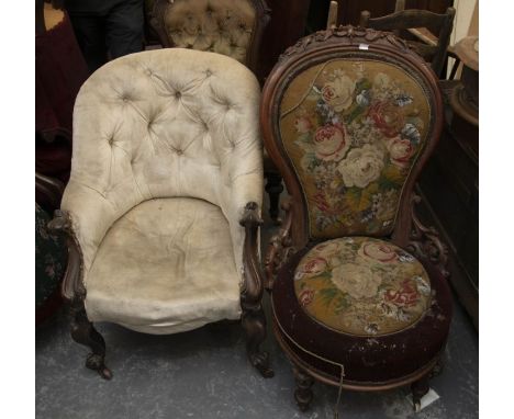 A collection of victorian chairs comprising: a bergere style button back upholstered nursing chair (a/f). Two further nursing