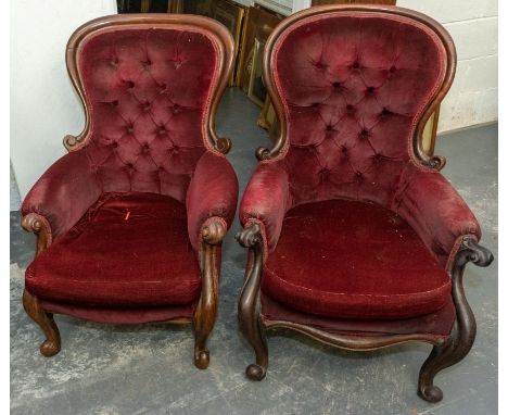 A pair of victorian mahogany upholstered button back armchairs, velvet upholstery on scrolling front legs (2) 102cm x 65cm x 