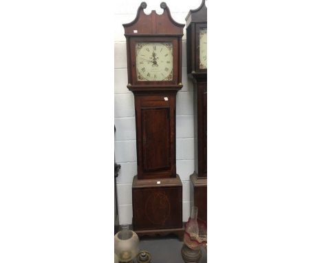 An&nbsp;Oak long case clock with mahogany inlay by Rich Birch of Birmingham, painted dial decorated with flowers. Scroll pedi