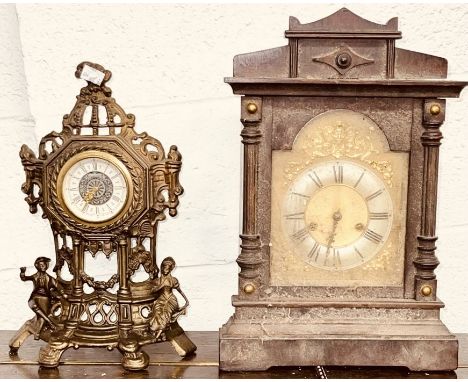 One large mantel clock with brass face and one metal clock. (2)