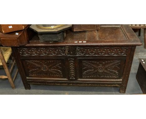 An 18th century coffee three panelled top, engraved two panel front, with original lock and hinges on stick supports, interna