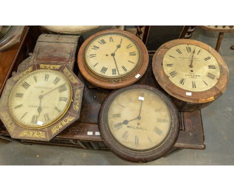 Three edwardian circular wall mounted clocks, together with a larger wall mounted clock, all with roman numerals, by differin
