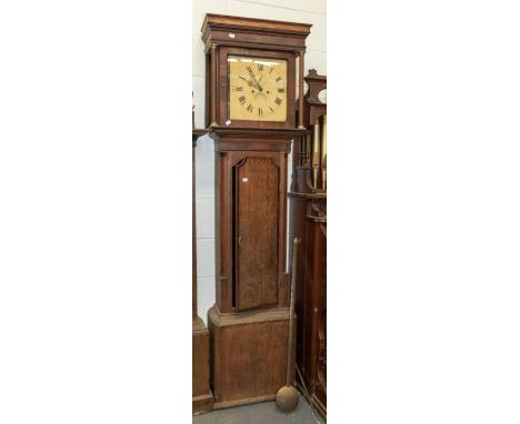 Oak and mahogany long case clock with cream painted dial and second dial. Decorative columns to the hood circa 1810. H203,W51