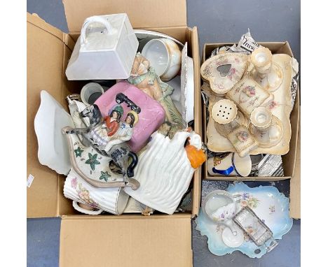 Two boxes of Victorian ceramic items including vases, cheese dishes and figures as well as one box of royal memorabilia in ce