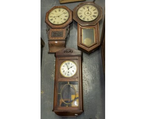 Three wall mounted clocks, of differing ages and styles, all with enamel dials, two with roman numerals, one with arabic (3)