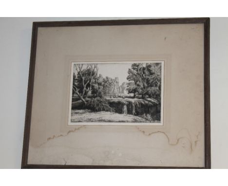 A FRAMED PRINT OF A LANDSCAPE TOGETHER WITH A FRAMED ETCHING 