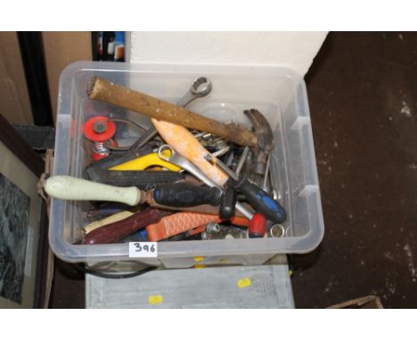 A TABLE SAW TOGETHER WITH A BOX OF ASSORTED TOOLS