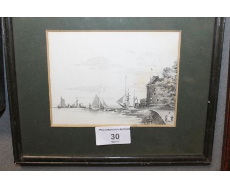 A FRAMED ETCHING OF A SEA SCAPE SHOWING COWES CASTLE 