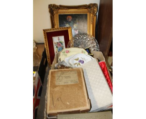 A TRAY OF CHINA AND CERAMICS, METALWARE, ETC TO INCLUDE ROYAL WORCESTER EVESHAM, ETC
