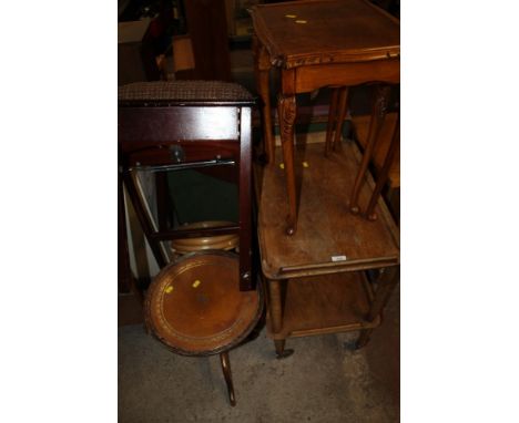 A QUANTITY OF ASSORTED FURNITURE TO INCLUDE A NEST OF TABLES, TROLLEY, TROUSER PRESS, PIANO STOOL, ETC (7)