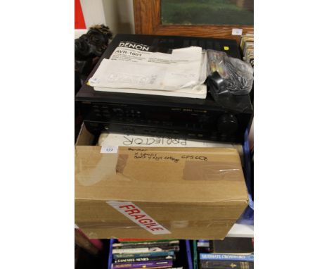 A DENON AB SURROUND RECEIVER TOGETHER WITH A PIONEER SLIDE PROJECTOR, ETC