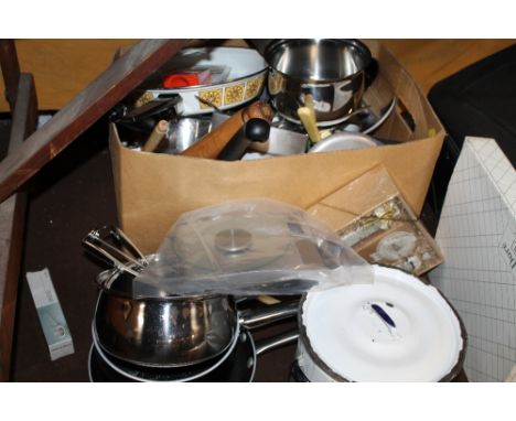 A QUANTITY OF VARIOUS KITCHEN WARE TO INCLUDE ENAMEL BIN, SAUCEPANS, SALTER SCALES, ETC