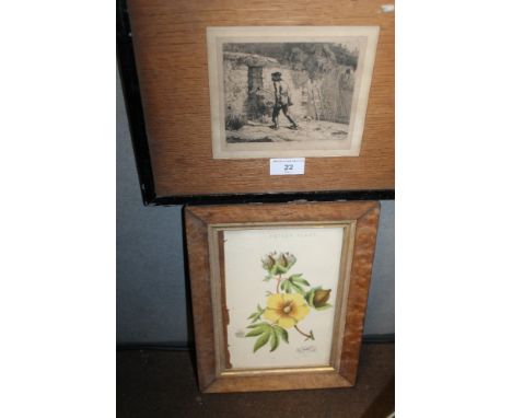 A FRAMED ETCHING DEPICTING A MAN WHEELING STRAW ON A BARROW INTO A BARN TOGETHER WITH A FRAMED COLOURED PRINT OF THE COTTON P