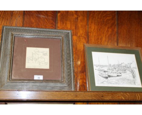 A SELECTION OF FIVE PRINTS TO INCLUDE ST AUBINES HARBOUR JERSEY, A FRAMED PRINT DEPICTING STONE MARKET, ETC  