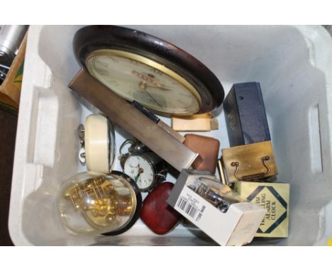 TWO TRAYS OF ASSORTED CLOCKS AND COLLECTABLES, TO INCLUDE FISHING REELS, ETC
