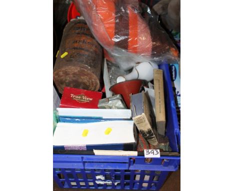 A BOX OF COLLECTABLES AND BOOKS TO INCLUDE A STEREO SCOPE, ETC