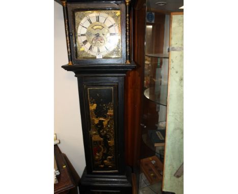 AN UNUSUAL 19TH CENTURY SINGLE FUSEE LONGCASE CLOCK BY JOHN BAGNALL OF DUDLEY, the brass and silvered dial with Roman and Ara
