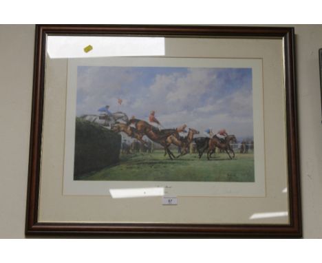 A FRAMED AND GLAZED ALAN FEARNLEY HORSE RACING PRINT, TITLED ' BECHER'S BROOK'