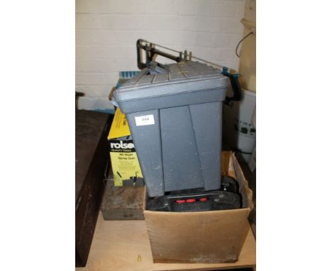 A SELECTION OF TOOLS TO INCLUDE A PIPE BENDER, MITRE SAW, SPRAY GUN, ETC 