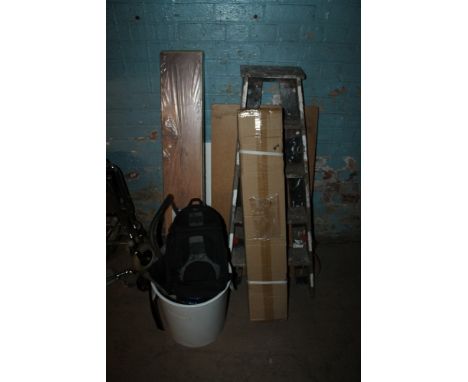 A QUANTITY OF TOOLS, LAMINATE FLOORING, PASTE TABLE, SAW HORSE, ETC