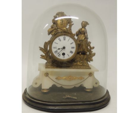 A 19th Century French gilt spelter and white onyx mantel timepiece having circular white enamel dial surmounted by cherub por