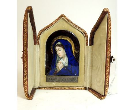 An early 20th Century enamelled devotional panel depicting head and shoulders portrait of the Virgin Mary at prayer, with whi