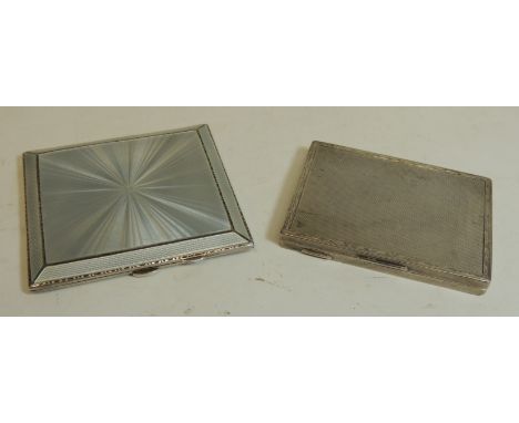 A Continental .830 silver, hinged card case with engine turned decoration, 202g approx and a silver and grey guilloche enamel