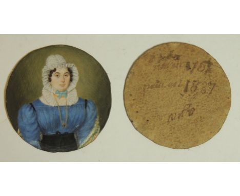 An early 19th Century miniature half length portrait of a young woman wearing a blue dress and white lace bonnet, watercolour