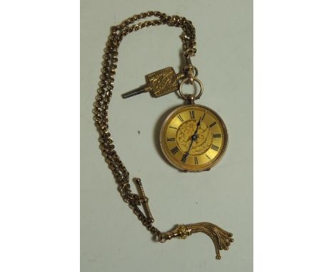 A 9ct gold cased open face fob watch, the engraved matt dial with black Roman numerals, the case foliate engraved with vacant