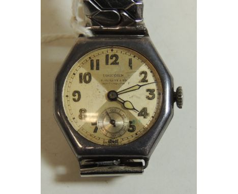 A Gents silver cased manual wind wristwatch.  The silver case marked "ROLEX, 16 WORLD'S RECORDS, GOLD MEDAL, RWC LTD".  The o