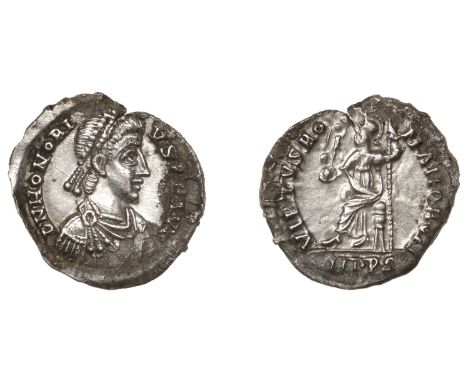 Roman Imperial Coinage, Honorius (393-423), Siliqua, Milan, 395-402, d n honori-vs p f avg, pearl-diademed, draped and cuiras