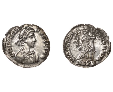 Roman Imperial Coinage, Honorius (393-423), Siliqua, Milan, 395-402, d n honori-vs p f avg, pearl-diademed, draped and cuiras