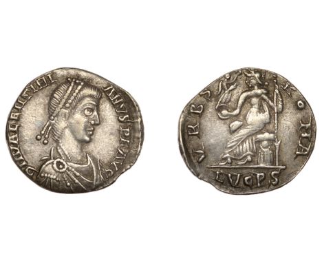 Roman Imperial Coinage, Valentinian II (375-392), Siliqua, Lugdunum, 388-92, d n valentini-anvs p f avg, pearl-diademed, drap