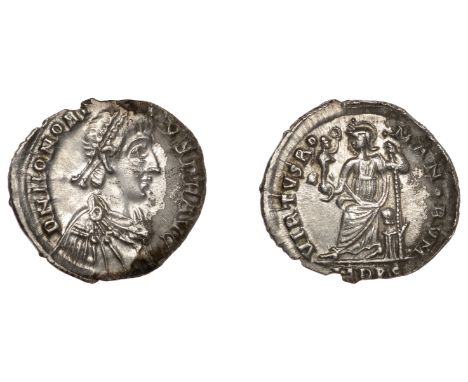 Roman Imperial Coinage, Honorius (393-423), Siliqua, Milan, 395-402, d n honori-vs p f avg, pearl-diademed, draped and cuiras